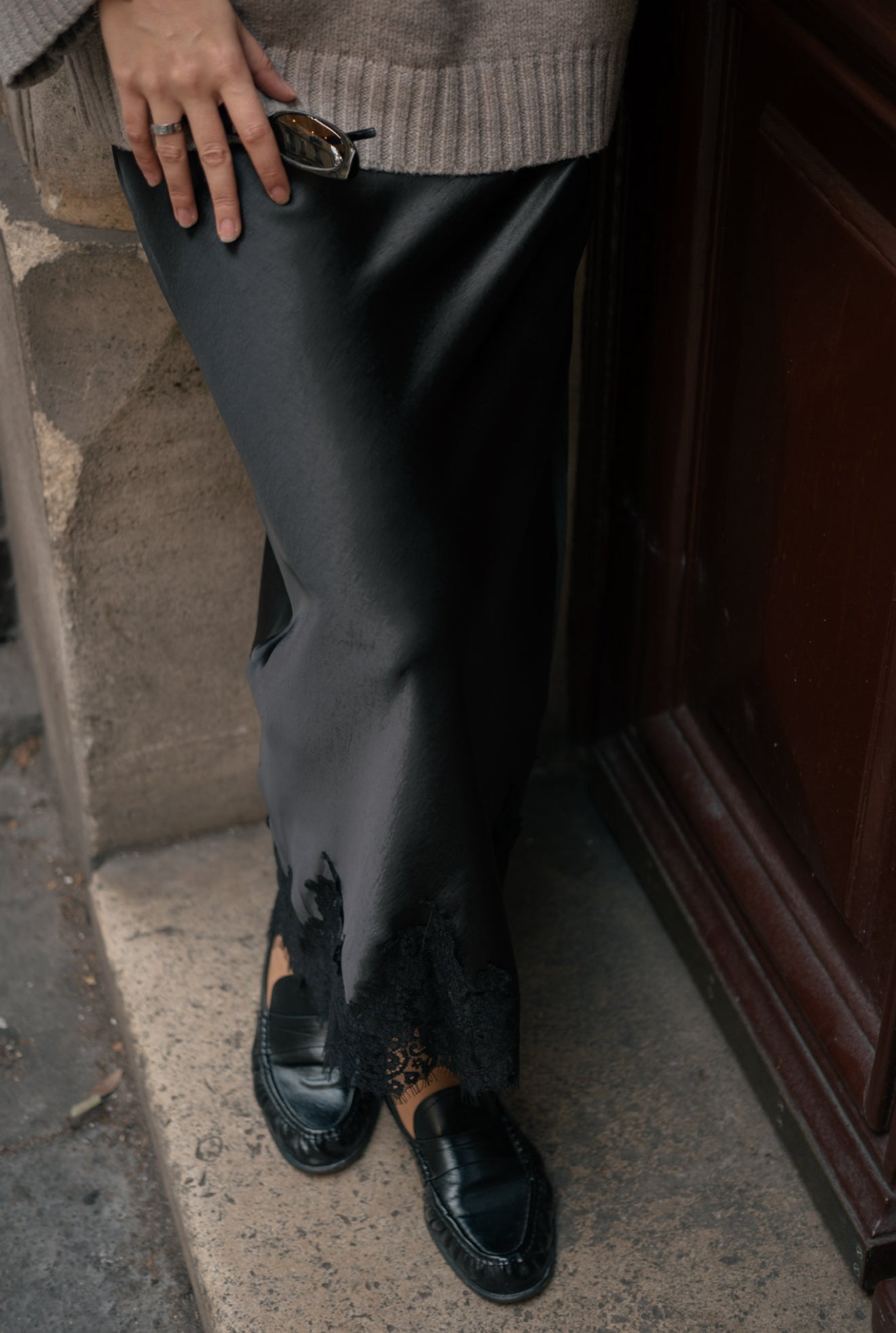 Jupe satin en dentelle Noir